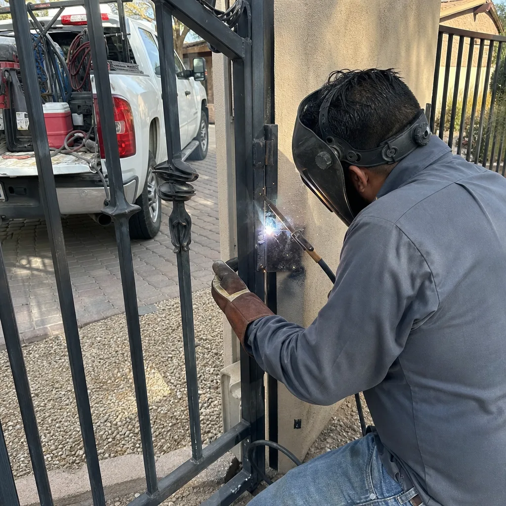 Professional welder performing gate hinge repair