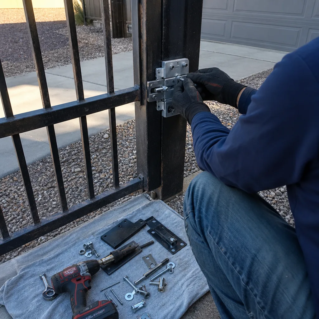 Technician repairing metal gate latch mechanism with power tools