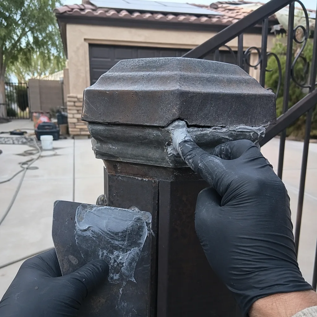 Technician using epoxy to repair a metal gate post